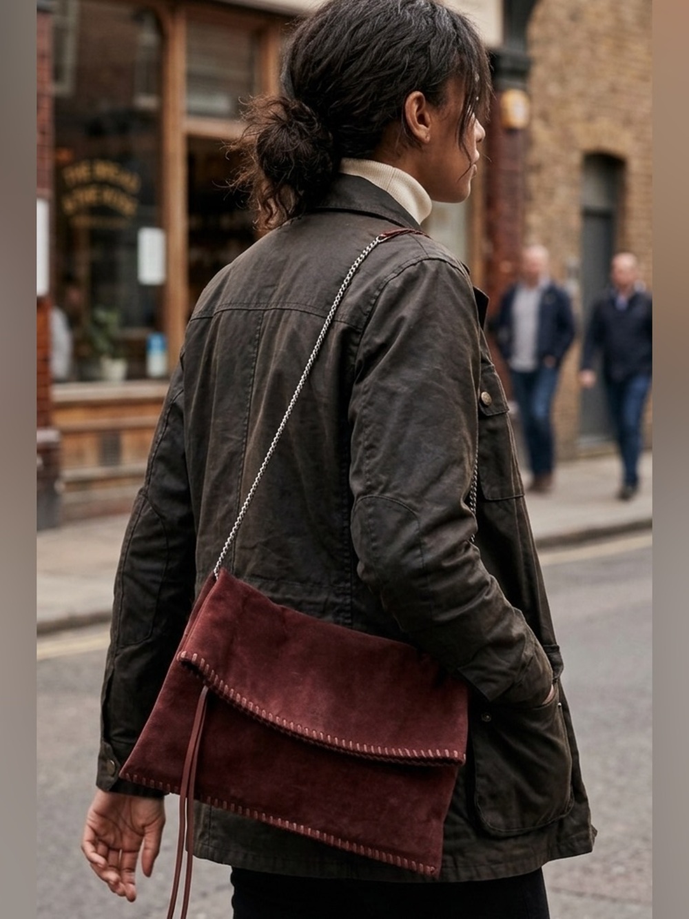 All Saints Suede Foldover Shoulder Bag in Dark Burgundy